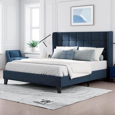 Merax lit double pour adulte 140x200cm 2places revêtement en lin bleu avec sommier à lattes style scandinave bleu Bleu - Publicité Merax lit double pour adulte 140x200cm 2places revêtement en lin bleu avec sommier à lattes style scandinave bleu Bleu - Publicité