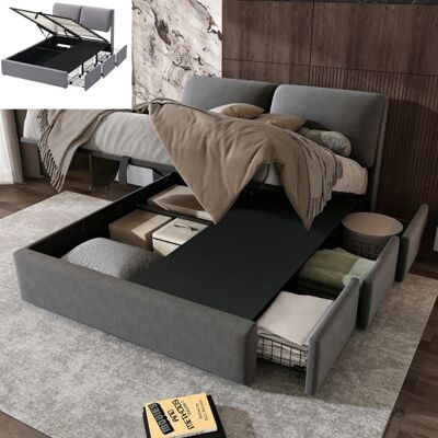 Lit 2 places - LANGTU - 140x190 - 3 tiroirs + coffre - Velours gris - Tête de lit réglable Gris - Publicité Lit 2 places - LANGTU - 140x190 - 3 tiroirs + coffre - Velours gris - Tête de lit réglable Gris - Publicité
