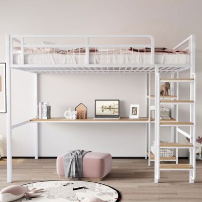 Blueline Lit superposé 140x200 cm échelle de sécurité avec escalieravec table et étagère barrière de sécurité grillagée en métal blanc Blanc - Publicité Blueline Lit superposé 140x200 cm échelle de sécurité avec escalieravec table et étagère barrière de sécurité grillagée en métal blanc Blanc - Publicité