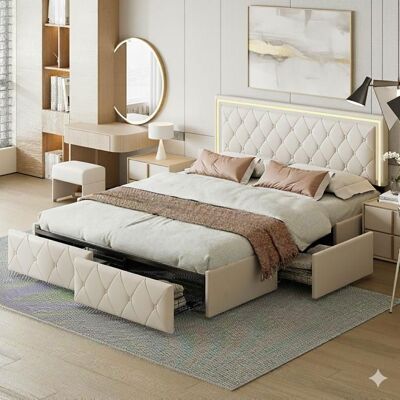 Lit 160x200 cm - COZY - lit double 160x200 - LED - sommier - lit adulte 160 - beige Beige - Publicité Lit 160x200 cm - COZY - lit double 160x200 - LED - sommier - lit adulte 160 - beige Beige - Publicité