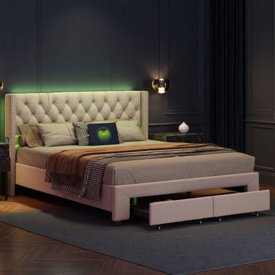 Lit adulte 160x200 cm - COZY - LED - tissu en velours - sommier - tiroir - cadre de lit double 160x200 cm - beige Beige - Publicité Lit adulte 160x200 cm - COZY - LED - tissu en velours - sommier - tiroir - cadre de lit double 160x200 cm - beige Beige - Publicité