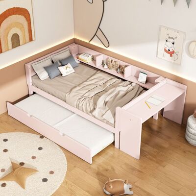 Blueline Structure de lit Nouveau Premium sense 90 * 200cm lit plat avec lit tiroir avec Bureau trois étagères à côté du lit rose Rose - Publicité Blueline Structure de lit Nouveau Premium sense 90 * 200cm lit plat avec lit tiroir avec Bureau trois étagères à côté du lit rose Rose - Publicité