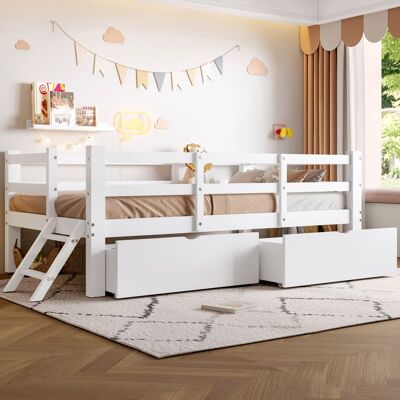 NOBRAND Lit enfant 90x200cm avec sommier à lattes et 2 tiroirs barrière de sécurité cadre en bois pour garçons et filles (sans matelas) Blanc - Publicité NOBRAND Lit enfant 90x200cm avec sommier à lattes et 2 tiroirs barrière de sécurité cadre en bois pour garçons et filles (sans matelas) Blanc - Publicité