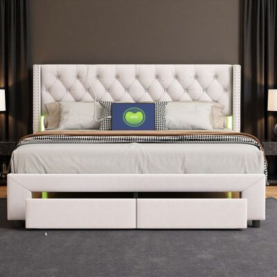 Lit 140x190 cm - COZY - LED - tissu en velours - sommier - tiroir - cadre de lit double 140x190 cm - beige Beige - Publicité Lit 140x190 cm - COZY - LED - tissu en velours - sommier - tiroir - cadre de lit double 140x190 cm - beige Beige - Publicité
