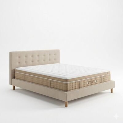 Ensemble lit - SAMPUR - 200x200 - Tête de lit velours côtelé - Matelas hôtelier 33 cm - Mémoire de forme Beige - Publicité Ensemble lit - SAMPUR - 200x200 - Tête de lit velours côtelé - Matelas hôtelier 33 cm - Mémoire de forme Beige - Publicité