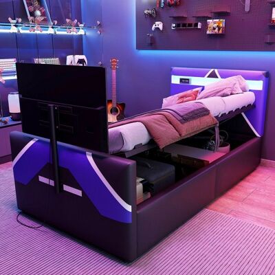 NOBRAND Lit Enfant Gaming Noir 90x200cm Similicuir Color Block LED Multicolore Rangement Hydraulique Support TV Intégré Sans Matelas Noir - Publicité NOBRAND Lit Enfant Gaming Noir 90x200cm Similicuir Color Block LED Multicolore Rangement Hydraulique Support TV Intégré Sans Matelas Noir - Publicité