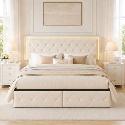 COZY Lit double 160x200 cm - lit adulte rembourré PU - 160x200 cm - LED 4 tiroirs sommier à lattes tête de lit design - Beige Beige - Publicité COZY Lit double 160x200 cm - lit adulte rembourré PU - 160x200 cm - LED 4 tiroirs sommier à lattes tête de lit design - Beige Beige - Publicité