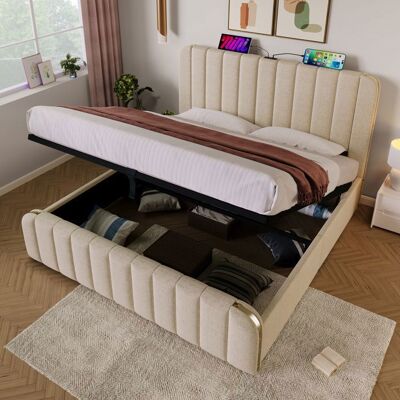 MERAX Lit Coffre Hydraulique 180x200 cm Beige avec USB Type-C – Tête de Lit Capitonnée Dorée Design Moderne Beige - Publicité MERAX Lit Coffre Hydraulique 180x200 cm Beige avec USB Type-C – Tête de Lit Capitonnée Dorée Design Moderne Beige - Publicité
