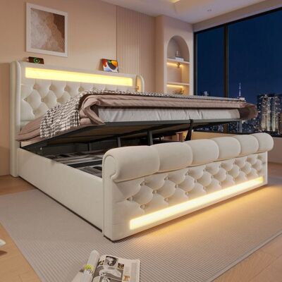 lit 2 personnes 160x200 cm Lit Coffre avec Éclairage LED et USB et Type-C Lit Rembourré double avec Espace de Rangement Beige Beige - Publicité lit 2 personnes 160x200 cm Lit Coffre avec Éclairage LED et USB et Type-C Lit Rembourré double avec Espace de Rangement Beige Beige - Publicité