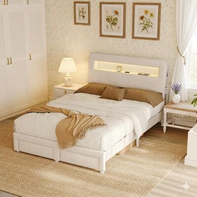COZY Lit Double 140x200 cm Design Moderne - Tête de Lit LED + Port USB + Tiroirs Rangement + Compartiments - lit 140x200 Robuste - Beige Beige - Publicité COZY Lit Double 140x200 cm Design Moderne - Tête de Lit LED + Port USB + Tiroirs Rangement + Compartiments - lit 140x200 Robuste - Beige Beige - Publicité