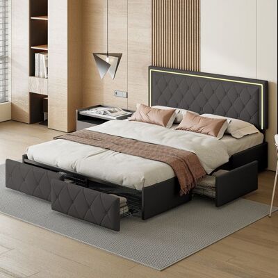 COZY Lit double adulte rembourré PU - 140x200 cm - LED 4 tiroirs de rangement sommier à lattes tête de lit design - Noir Noir - Publicité COZY Lit double adulte rembourré PU - 140x200 cm - LED 4 tiroirs de rangement sommier à lattes tête de lit design - Noir Noir - Publicité