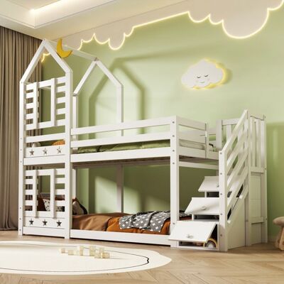 LEMONBEST Lit superposé enfant 90 x 200 cm lit cabane avec tiroirs et protection anti-chute 2 sommiers à lattes blanc Blanc - Publicité LEMONBEST Lit superposé enfant 90 x 200 cm lit cabane avec tiroirs et protection anti-chute 2 sommiers à lattes blanc Blanc - Publicité