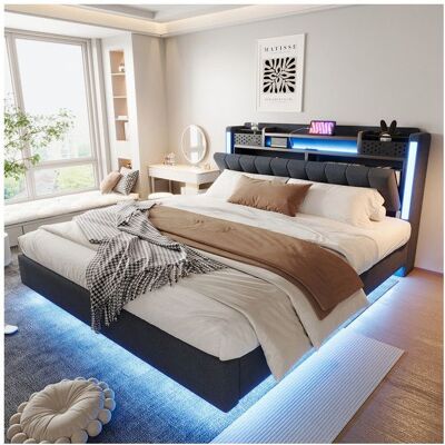 Generic Lit double 160 x 200 cm avec prise USB et éclairage LED Lit adulte Lit rembourré Tête de lit avec espace de rangement Lin Gris Gris - Publicité Generic Lit double 160 x 200 cm avec prise USB et éclairage LED Lit adulte Lit rembourré Tête de lit avec espace de rangement Lin Gris Gris - Publicité