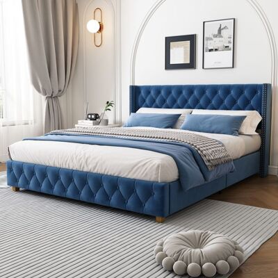 CIPACHO Lit capitonné velours bleu 160x200 avec sommier à lattes et tête de lit cloutée Bleu - Publicité CIPACHO Lit capitonné velours bleu 160x200 avec sommier à lattes et tête de lit cloutée Bleu - Publicité