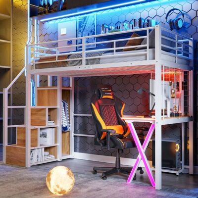 Lit mezzanine - LANGTU - 90x200 cm - Éclairage LED télécommandé - Bureau intégré - Penderie & échelle rangement Blanc - Publicité Lit mezzanine - LANGTU - 90x200 cm - Éclairage LED télécommandé - Bureau intégré - Penderie & échelle rangement Blanc - Publicité