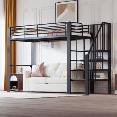 LEMONBEST Lit mezzanine en métal 90 x 200 cm Lit double avec escalier et rangement sous le lit Convient enfant adolescent et adulte Noir Noir - Publicité LEMONBEST Lit mezzanine en métal 90 x 200 cm Lit double avec escalier et rangement sous le lit Convient enfant adolescent et adulte Noir Noir - Publicité