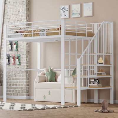 LEMONBEST Lit mezzanine en métal 140 x 200 cm Lit double avec escalier et rangement sous le lit Convient enfant adolescent et adulte Blanc Blanc - Publicité LEMONBEST Lit mezzanine en métal 140 x 200 cm Lit double avec escalier et rangement sous le lit Convient enfant adolescent et adulte Blanc Blanc - Publicité