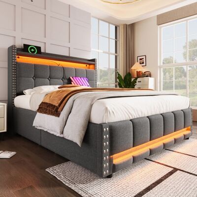 Blueline Lit rembourré 140*200 cm avec éclairage LED et prise USB tête de lit avec étagères et espace de rangement avec 4 tiroirs lit Gris - Publicité Blueline Lit rembourré 140*200 cm avec éclairage LED et prise USB tête de lit avec étagères et espace de rangement avec 4 tiroirs lit Gris - Publicité