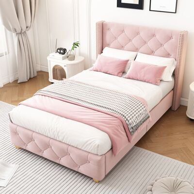 Lit capitonné - MERAX - 90x200 cm - Tête de lit boutonnée - Sommier à lattes inclus - Pieds en bois Rose - Publicité Lit capitonné - MERAX - 90x200 cm - Tête de lit boutonnée - Sommier à lattes inclus - Pieds en bois Rose - Publicité