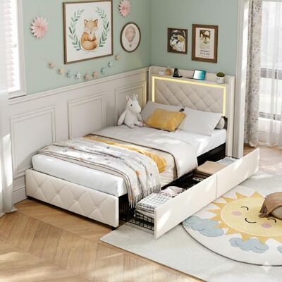 COZY Lit simple 90x200 cm lit capitonné en velours lit avec tête de lit LED 2 tiroirs de rangement et ports USB lit 90x200 cm beige Beige - Publicité COZY Lit simple 90x200 cm lit capitonné en velours lit avec tête de lit LED 2 tiroirs de rangement et ports USB lit 90x200 cm beige Beige - Publicité