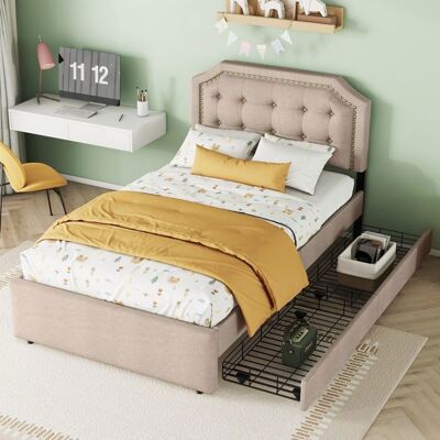 Blueline Lit simple 90x200 cm Lit coffre 1 personne Tête de lit avec rivets décoratifs tiroirs doubles beige foncé Beige - Publicité Blueline Lit simple 90x200 cm Lit coffre 1 personne Tête de lit avec rivets décoratifs tiroirs doubles beige foncé Beige - Publicité