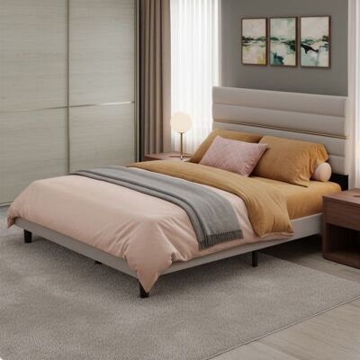 VASAGLE Lit 2 Places Rembourré Cadre en Bois Massif et Métal Tête de Lit Ajustable Lit avec Sommier Beige Beige - Publicité VASAGLE Lit 2 Places Rembourré Cadre en Bois Massif et Métal Tête de Lit Ajustable Lit avec Sommier Beige Beige - Publicité