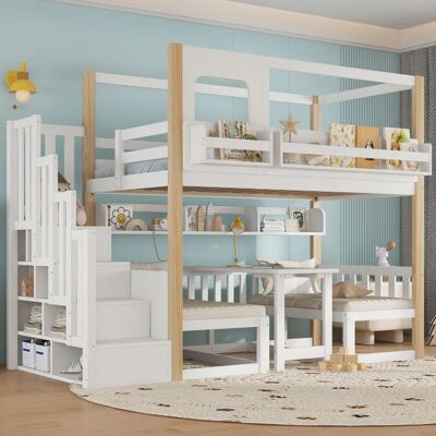 Lit Superposé Enfant 90x200 cm avec Table Réglable en Hauteur Escalier Rangement Bibliothèque Intégrée - Pin - Blanc et Naturel Blanc - Publicité Lit Superposé Enfant 90x200 cm avec Table Réglable en Hauteur Escalier Rangement Bibliothèque Intégrée - Pin - Blanc et Naturel Blanc - Publicité
