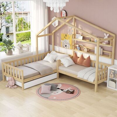 MERAX Lit Enfant Combiné avec Rangement -en Bois Massif- avec sommier à lattes-2 litsStructure en L 90x200 cm+140x70cm- bois naturel Jaune - Publicité MERAX Lit Enfant Combiné avec Rangement -en Bois Massif- avec sommier à lattes-2 litsStructure en L 90x200 cm+140x70cm- bois naturel Jaune - Publicité