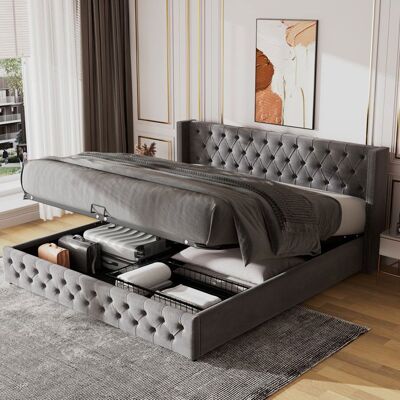 MERAX Lit Coffre Capitonné 180x200 cm en Velours Gris – Tête de Lit Rembourré Design Chesterfield avec Rivets Gris - Publicité MERAX Lit Coffre Capitonné 180x200 cm en Velours Gris – Tête de Lit Rembourré Design Chesterfield avec Rivets Gris - Publicité