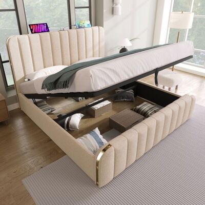 MERAX Lit Coffre Hydraulique 140x200 cm Beige avec USB Type-C – Tête de Lit Rembourré Dorée Design Moderne Beige - Publicité MERAX Lit Coffre Hydraulique 140x200 cm Beige avec USB Type-C – Tête de Lit Rembourré Dorée Design Moderne Beige - Publicité