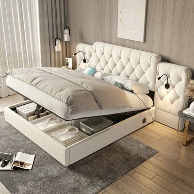 Lit coffre - LANGTU - 180x200 - Velours beige - Tête de lit capitonnée allongée - Ports USB & lampes - Rangement hydraulique Beige - Publicité Lit coffre - LANGTU - 180x200 - Velours beige - Tête de lit capitonnée allongée - Ports USB & lampes - Rangement hydraulique Beige - Publicité