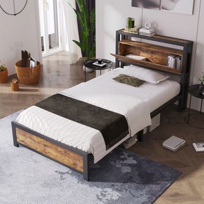 Lit Simple - MERAX - en Métal Noir et Effet Bois - avec Tête de Lit Rangement - 90x200 cm - Cadre de Lit Marron - Publicité Lit Simple - MERAX - en Métal Noir et Effet Bois - avec Tête de Lit Rangement - 90x200 cm - Cadre de Lit Marron - Publicité