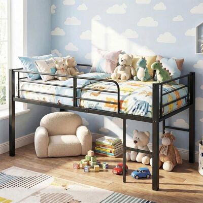 Lit Mezzanine Mi Hauteur COSTWAY 90 x 190 CM pour Enfant -Échelles & Lattes Métalliques,Barrières de Sécurité Noir Noir - Publicité Lit Mezzanine Mi Hauteur COSTWAY 90 x 190 CM pour Enfant -Échelles & Lattes Métalliques,Barrières de Sécurité Noir Noir - Publicité