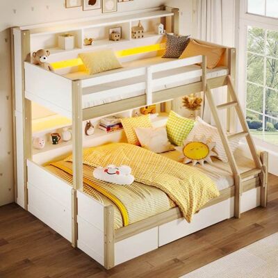 Lit superposé enfant - LEMONBEST - 90x200+140x200 - LED intégrée - Tiroir & rangements - Bois massif blanc/naturel Blanc - Publicité Lit superposé enfant - LEMONBEST - 90x200+140x200 - LED intégrée - Tiroir & rangements - Bois massif blanc/naturel Blanc - Publicité