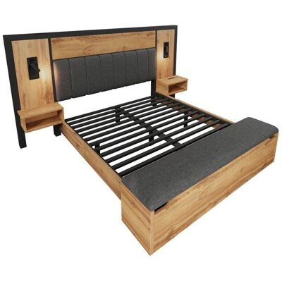 NOBRAND Lit double capitonné 160x200 chêne lin lampe USB-C chevet & banc rangement lattes métal bois sans matelas - Publicité NOBRAND Lit double capitonné 160x200 chêne lin lampe USB-C chevet & banc rangement lattes métal bois sans matelas - Publicité
