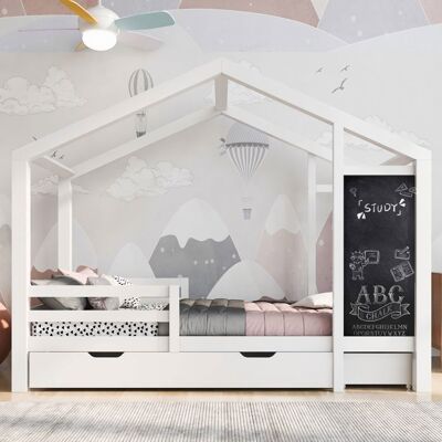Blueline Lit enfant cabane 90x200cm - avec tiroirs et tableau noir - bois massif - blanc Blanc - Publicité Blueline Lit enfant cabane 90x200cm - avec tiroirs et tableau noir - bois massif - blanc Blanc - Publicité
