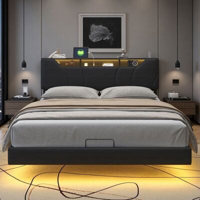Lit 160x200 cm - COZY - tissu en PU - LED ET USB - sommier - cadre de lit adulte 160x200 cm - noir Noir - Publicité Lit 160x200 cm - COZY - tissu en PU - LED ET USB - sommier - cadre de lit adulte 160x200 cm - noir Noir - Publicité
