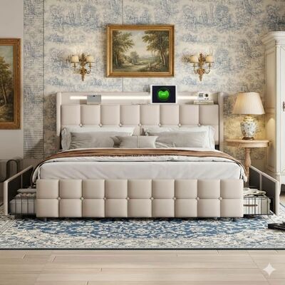 COZY Lit double 160x200 cm - lit adulte capitonné avec 4 tiroirs - sommier à lattes en bois - tête de lit led de rangement - beige Beige - Publicité COZY Lit double 160x200 cm - lit adulte capitonné avec 4 tiroirs - sommier à lattes en bois - tête de lit led de rangement - beige Beige - Publicité