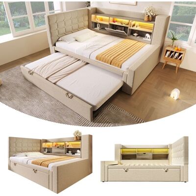 Lit gigogne - MERAX - 90x200 cm avec LED - Tissu beige - Rangement intégré - Ports USB/USB-C Beige - Publicité Lit gigogne - MERAX - 90x200 cm avec LED - Tissu beige - Rangement intégré - Ports USB/USB-C Beige - Publicité