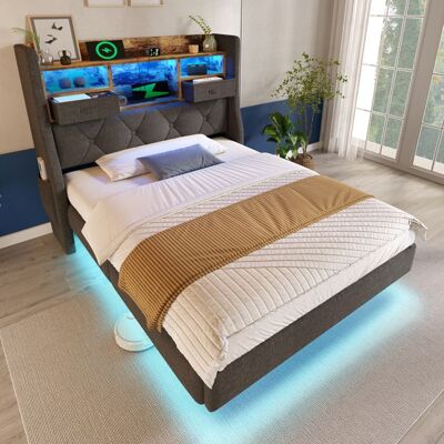 LEMLIT Lit Rembourré 90x200 cm Lit Simple avec Effet Flottant LED Tête de Lit Capitonnée Charge USB Sommier à Lattes - Tissu Lin - Gris Gris - Publicité LEMLIT Lit Rembourré 90x200 cm Lit Simple avec Effet Flottant LED Tête de Lit Capitonnée Charge USB Sommier à Lattes - Tissu Lin - Gris Gris - Publicité