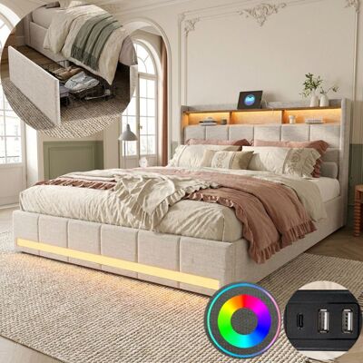 Lit 160x200 cm - COZY - Beige - LED intégrée - Tête de lit rembourrée - Rangement avec tiroirs Beige - Publicité Lit 160x200 cm - COZY - Beige - LED intégrée - Tête de lit rembourrée - Rangement avec tiroirs Beige - Publicité