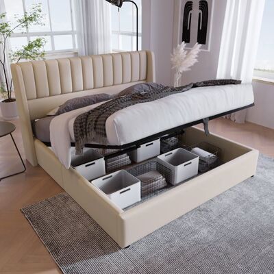 Blueline Lit coffre 180 x 200 cm lit rembourré lit double lit adulte avec sommier à lattes en lin beige sans matelas sans sommier - Publicité Blueline Lit coffre 180 x 200 cm lit rembourré lit double lit adulte avec sommier à lattes en lin beige sans matelas sans sommier - Publicité