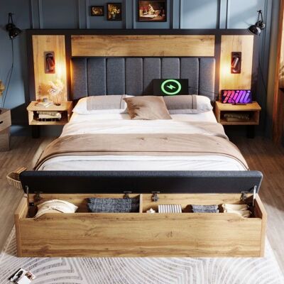 NOBRAND Lit double 160×200 capitonné lin chêne lampe lecture USB-C chevet banc rangement sommier lattes métal chambre adulte sans matelas - Publicité NOBRAND Lit double 160×200 capitonné lin chêne lampe lecture USB-C chevet banc rangement sommier lattes métal chambre adulte sans matelas - Publicité