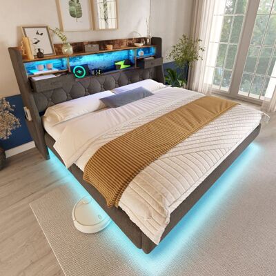 LEMLIT Lit Rembourré 140x200 cm Lit Double avec Effet Flottant LED Tête de Lit Capitonnée Charge USB Sommier à Lattes - Tissu Lin - Gris Gris - Publicité LEMLIT Lit Rembourré 140x200 cm Lit Double avec Effet Flottant LED Tête de Lit Capitonnée Charge USB Sommier à Lattes - Tissu Lin - Gris Gris - Publicité