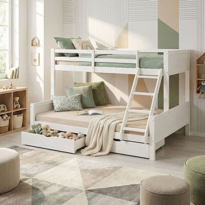 Lit superposé 3 places 90x200 + 140x200 cm blanc avec 2 tiroirs de lit barrières de sécurité – Lit enfant – Homestyle4u Blanc - Publicité Lit superposé 3 places 90x200 + 140x200 cm blanc avec 2 tiroirs de lit barrières de sécurité – Lit enfant – Homestyle4u Blanc - Publicité