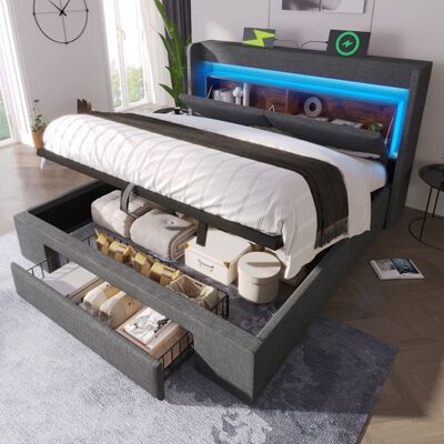 Merax Lit Coffre - 180x200 cm - King Size - Lit Rembourré en Lin avec LED Port USB/Type-C et Tiroir - Gris Anthracite Gris - Publicité Merax Lit Coffre - 180x200 cm - King Size - Lit Rembourré en Lin avec LED Port USB/Type-C et Tiroir - Gris Anthracite Gris - Publicité