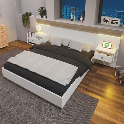 Blueline Lit Adulte Double 140x200cm - Cadre de Lit - 2 Tables de Chevet LED Prise USB - Sommier Inclus - Couleur : Chêne+Blanc Blanc - Publicité Blueline Lit Adulte Double 140x200cm - Cadre de Lit - 2 Tables de Chevet LED Prise USB - Sommier Inclus - Couleur : Chêne+Blanc Blanc - Publicité
