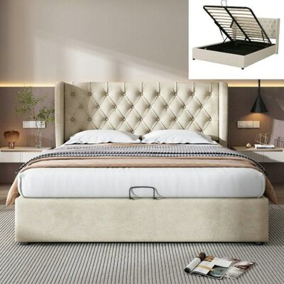 Lit 140x190 cm - LANGTU - Lit en forme doreille - Coffre de rangement - Velours beige - Sommier à lattes Gris - Publicité Lit 140x190 cm - LANGTU - Lit en forme doreille - Coffre de rangement - Velours beige - Sommier à lattes Gris - Publicité