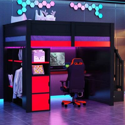 Lit mezzanine gaming en bois - LEMONBEST - 140x200 - LED intégré - Bureau intégré - Escalier avec rangements Noir - Publicité Lit mezzanine gaming en bois - LEMONBEST - 140x200 - LED intégré - Bureau intégré - Escalier avec rangements Noir - Publicité