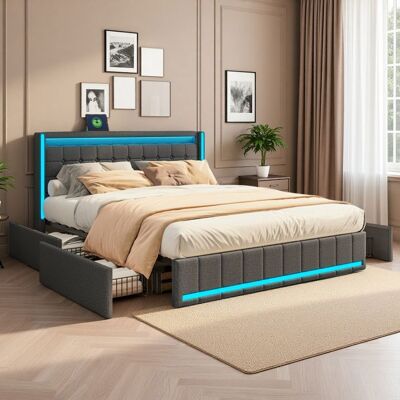 Lit 140x200 cm - COZY - Gris anthracite - LED intégrée - Tiroirs de rangement - Confort optimal Gris - Publicité Lit 140x200 cm - COZY - Gris anthracite - LED intégrée - Tiroirs de rangement - Confort optimal Gris - Publicité